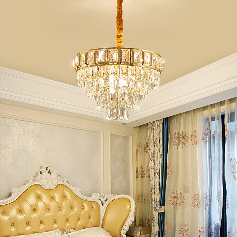 Golden Tiered Chandelier Lamp Simple 6/9-Light Crystal Hanging Light for Dining Room Clearhalo 'Ceiling Lights' 'Chandeliers' 'Modern Chandeliers' 'Modern' Lighting' 264587