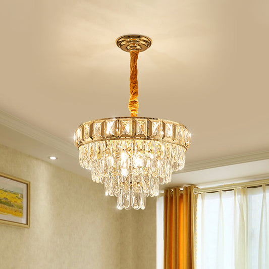 Golden Tiered Chandelier Lamp Simple 6/9-Light Crystal Hanging Light for Dining Room 6 Gold Clearhalo 'Ceiling Lights' 'Chandeliers' 'Modern Chandeliers' 'Modern' Lighting' 264591