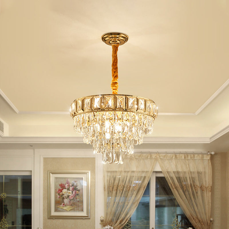 Golden Tiered Chandelier Lamp Simple 6/9-Light Crystal Hanging Light for Dining Room Clearhalo 'Ceiling Lights' 'Chandeliers' 'Modern Chandeliers' 'Modern' Lighting' 264592
