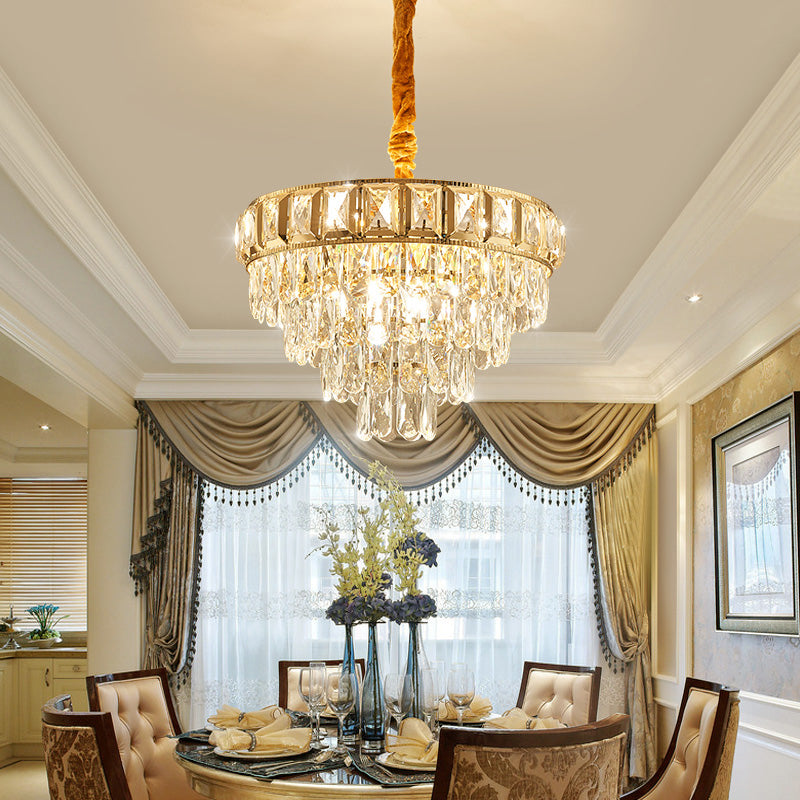 Golden Tiered Chandelier Lamp Simple 6/9-Light Crystal Hanging Light for Dining Room Clearhalo 'Ceiling Lights' 'Chandeliers' 'Modern Chandeliers' 'Modern' Lighting' 264593