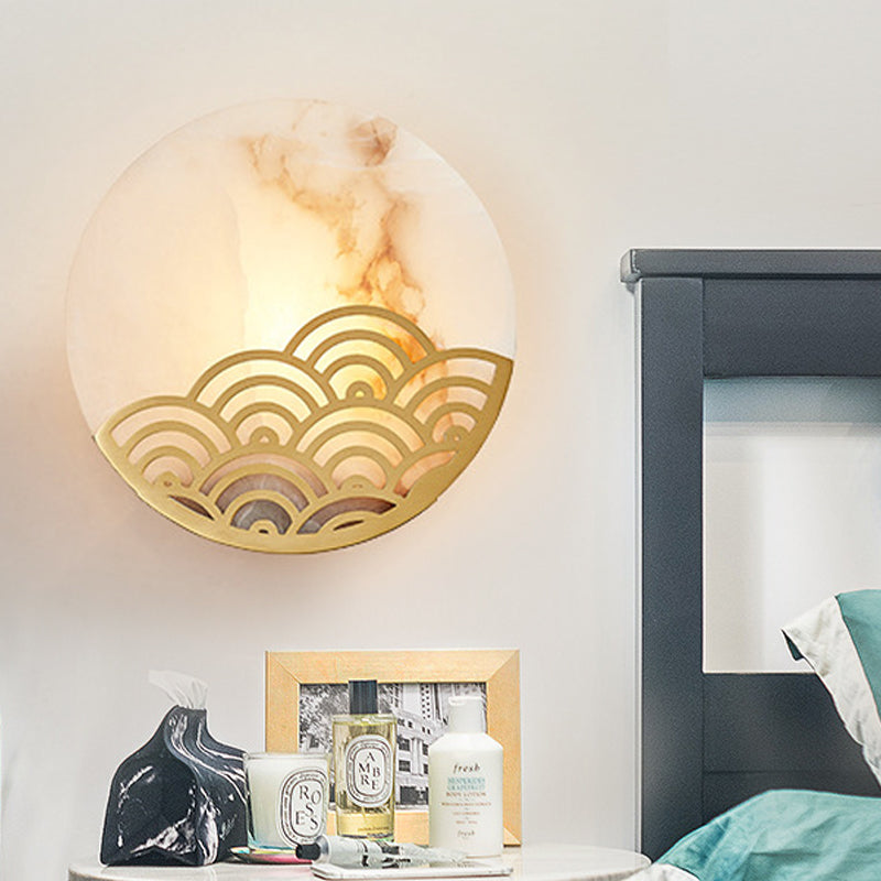 Circular Bedroom Wall Lamp Colonialism Marble Single Light Gold Wall Lighting Sconce, 8"/10" Wide Gold Clearhalo 'Wall Lamps & Sconces' 'Wall Lights' Lighting' 264598