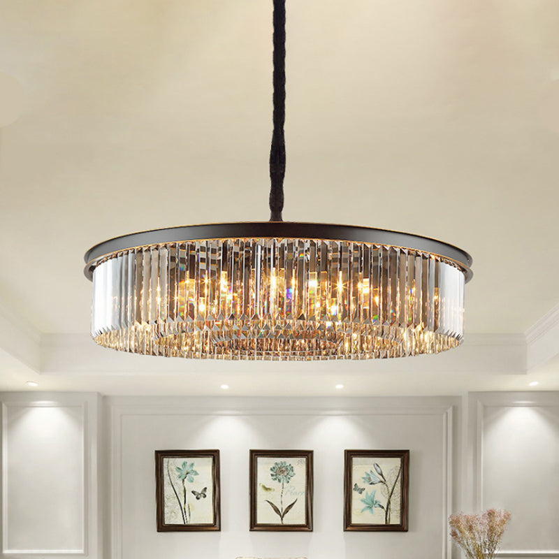 Black Drum Hanging Chandelier Modern 6/12 Lights Crystal Shaded Pendant Light for Living Room 12 Black Clearhalo 'Ceiling Lights' 'Chandeliers' 'Modern Chandeliers' 'Modern' Lighting' 264632