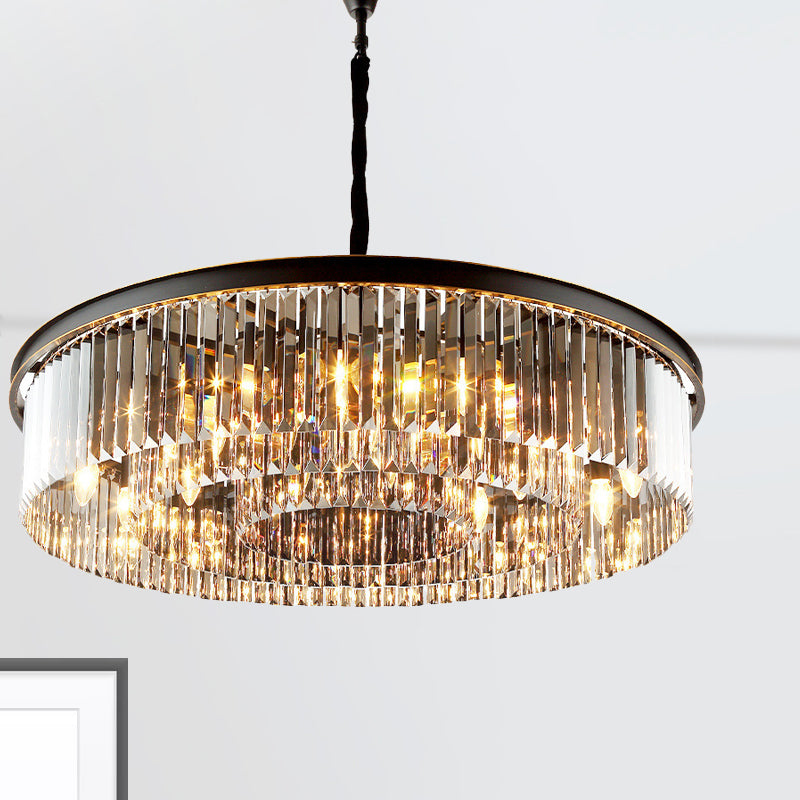 Black Drum Hanging Chandelier Modern 6/12 Lights Crystal Shaded Pendant Light for Living Room 6 Black Clearhalo 'Ceiling Lights' 'Chandeliers' 'Modern Chandeliers' 'Modern' Lighting' 264638