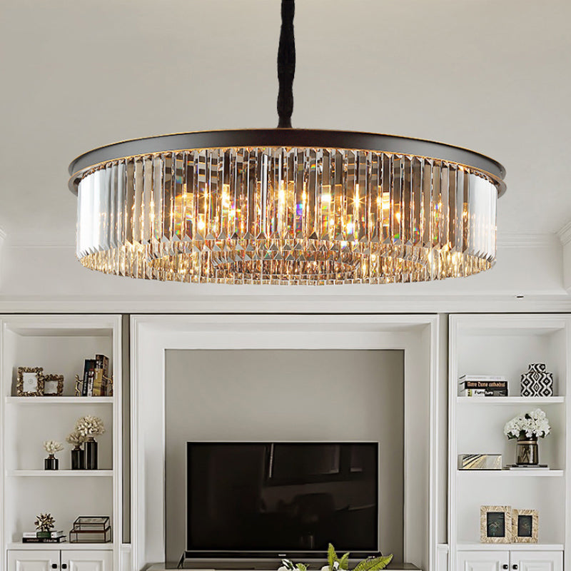 Black Drum Hanging Chandelier Modern 6/12 Lights Crystal Shaded Pendant Light for Living Room Clearhalo 'Ceiling Lights' 'Chandeliers' 'Modern Chandeliers' 'Modern' Lighting' 264639