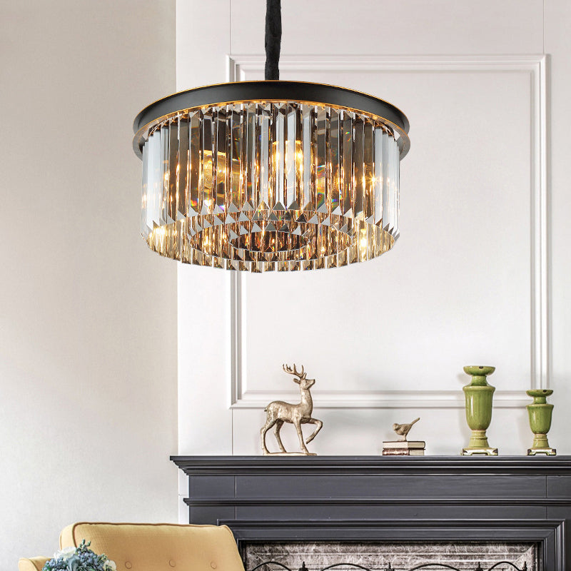 Black Drum Hanging Chandelier Modern 6/12 Lights Crystal Shaded Pendant Light for Living Room Clearhalo 'Ceiling Lights' 'Chandeliers' 'Modern Chandeliers' 'Modern' Lighting' 264640