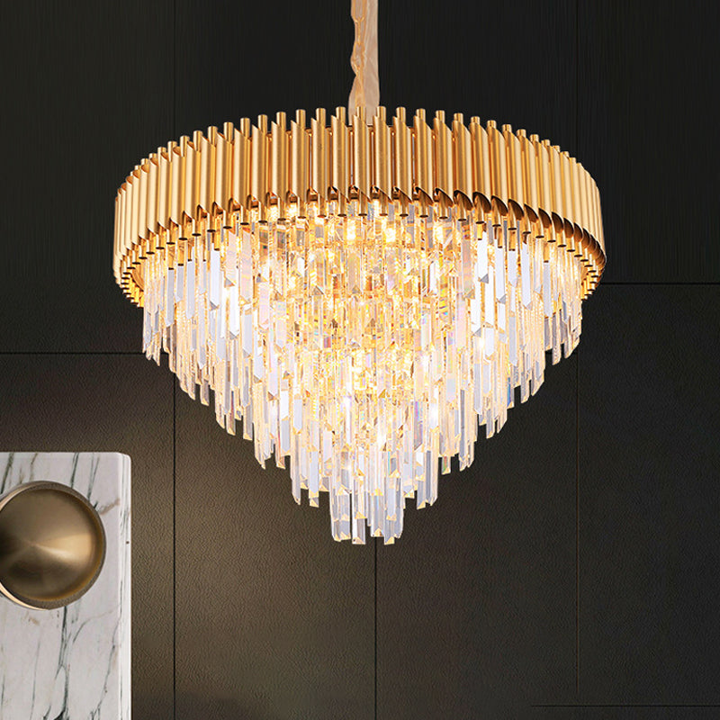 Crystal Tapered Chandelier Lamp Modernist 9/12-Light Golden Bedroom Drop Pendant Clearhalo 'Ceiling Lights' 'Chandeliers' 'Modern Chandeliers' 'Modern' Lighting' 264676