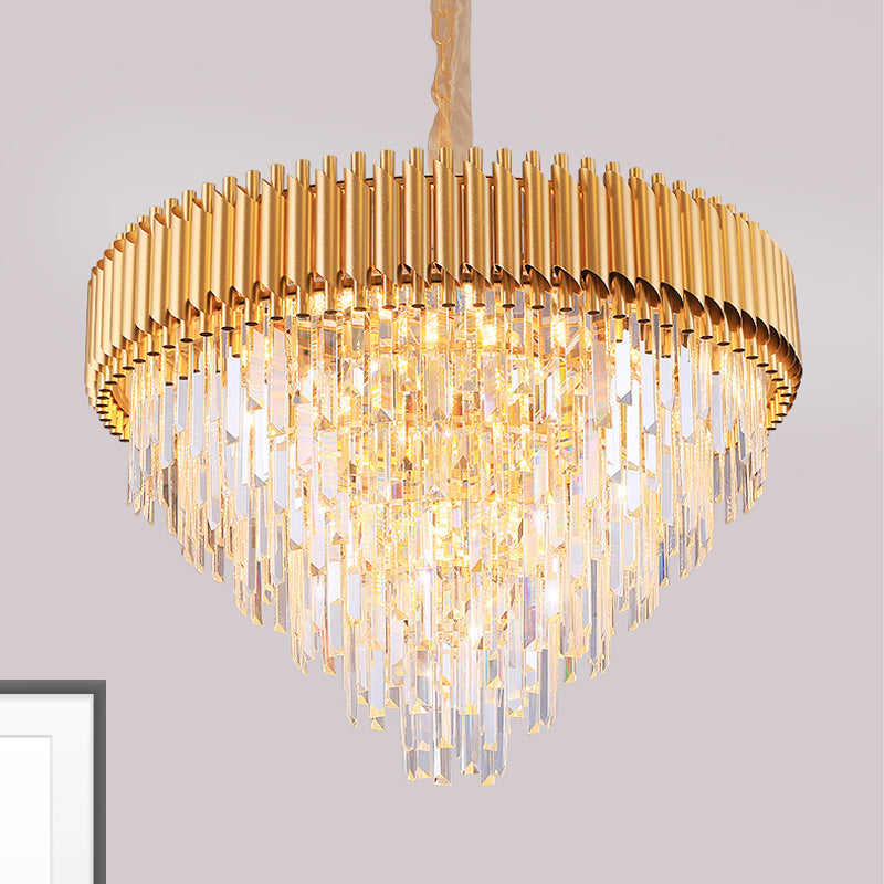 Crystal Tapered Chandelier Lamp Modernist 9/12-Light Golden Bedroom Drop Pendant 12 Gold Clearhalo 'Ceiling Lights' 'Chandeliers' 'Modern Chandeliers' 'Modern' Lighting' 264677