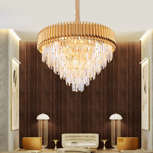 Crystal Tapered Chandelier Lamp Modernist 9/12-Light Golden Bedroom Drop Pendant Clearhalo 'Ceiling Lights' 'Chandeliers' 'Modern Chandeliers' 'Modern' Lighting' 264678
