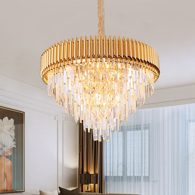 Crystal Tapered Chandelier Lamp Modernist 9/12-Light Golden Bedroom Drop Pendant 9 Gold Clearhalo 'Ceiling Lights' 'Chandeliers' 'Modern Chandeliers' 'Modern' Lighting' 264681