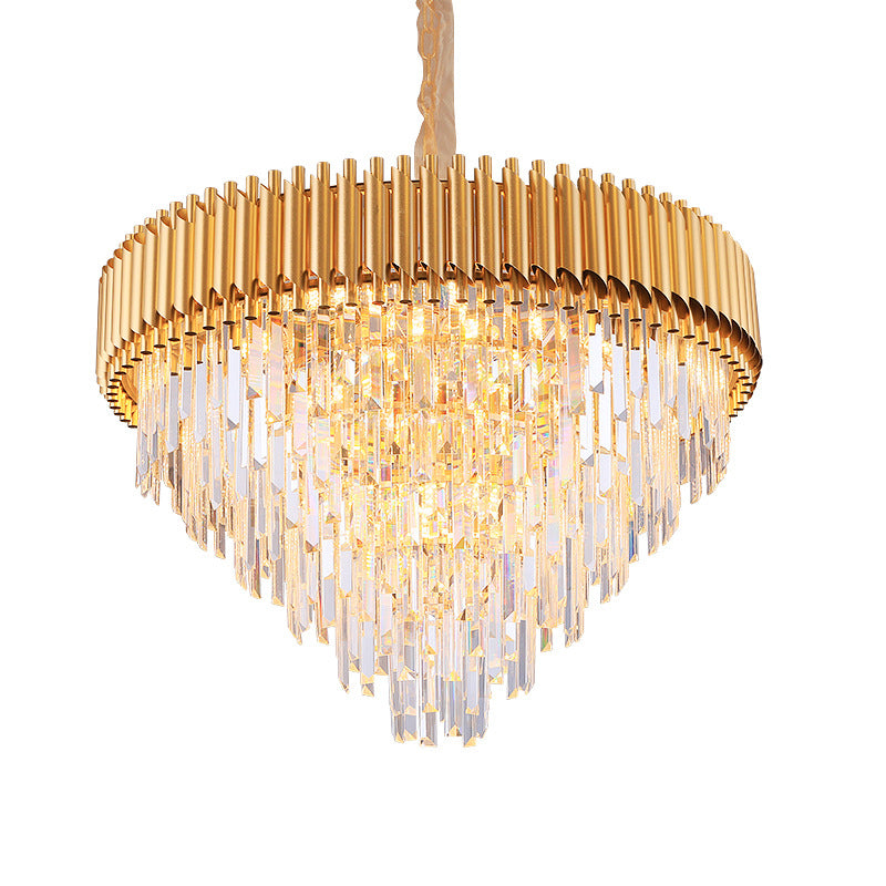 Crystal Tapered Chandelier Lamp Modernist 9/12-Light Golden Bedroom Drop Pendant Clearhalo 'Ceiling Lights' 'Chandeliers' 'Modern Chandeliers' 'Modern' Lighting' 264684