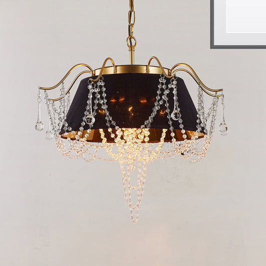 Flared Pendant Chandelier Traditional Iron 4-Light Black Hanging Ceiling Light with Crystal Droplet Black Clearhalo 'Ceiling Lights' 'Chandeliers' 'Modern Chandeliers' 'Modern' Lighting' 264687