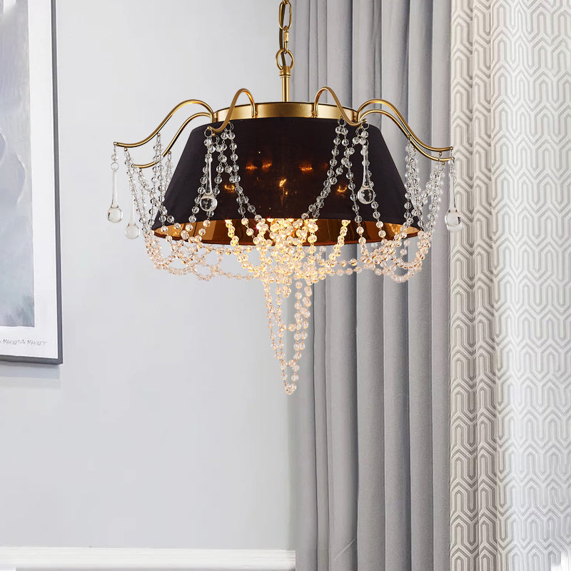 Flared Pendant Chandelier Traditional Iron 4-Light Black Hanging Ceiling Light with Crystal Droplet Clearhalo 'Ceiling Lights' 'Chandeliers' 'Modern Chandeliers' 'Modern' Lighting' 264689