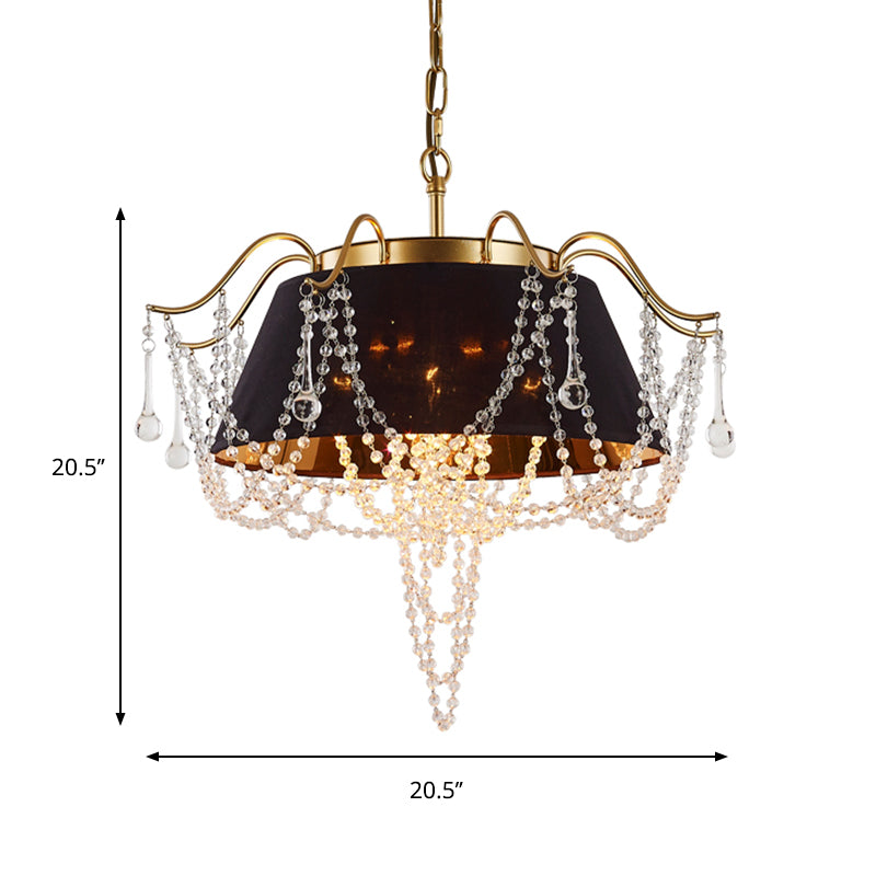 Flared Pendant Chandelier Traditional Iron 4-Light Black Hanging Ceiling Light with Crystal Droplet Clearhalo 'Ceiling Lights' 'Chandeliers' 'Modern Chandeliers' 'Modern' Lighting' 264691
