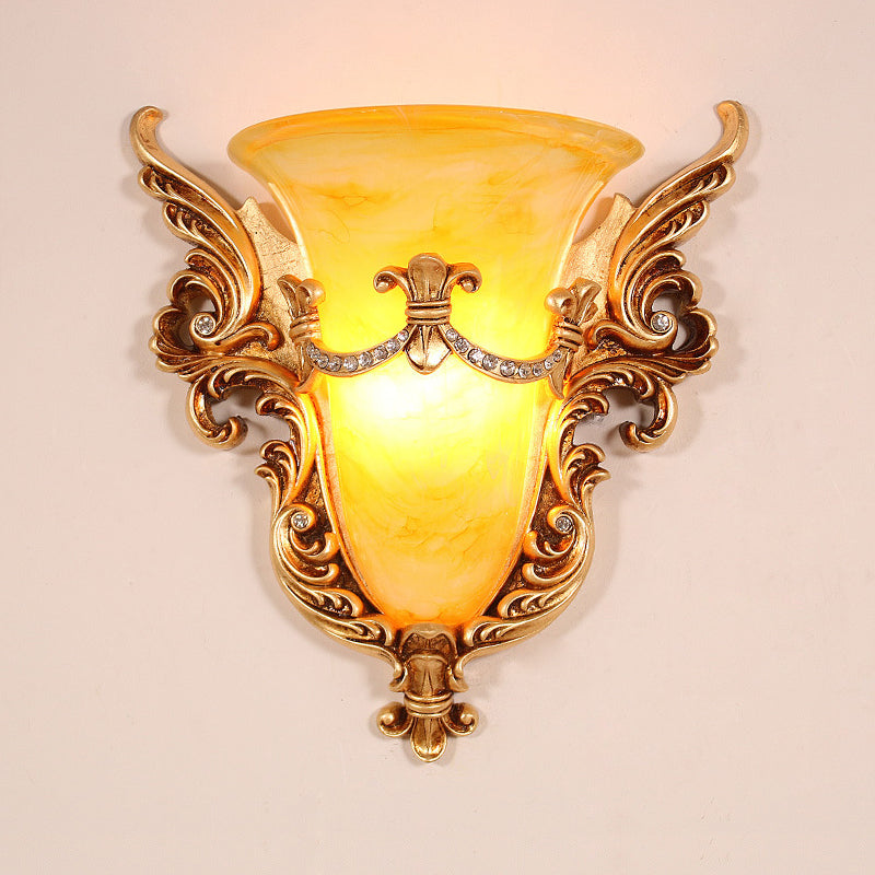 Bell Frosted Glass Wall Sconce Colonial 1 Bulb Living Room Flush Mount Wall Light in White/Gold/White and Gold Clearhalo 'Wall Lamps & Sconces' 'Wall Lights' Lighting' 264704