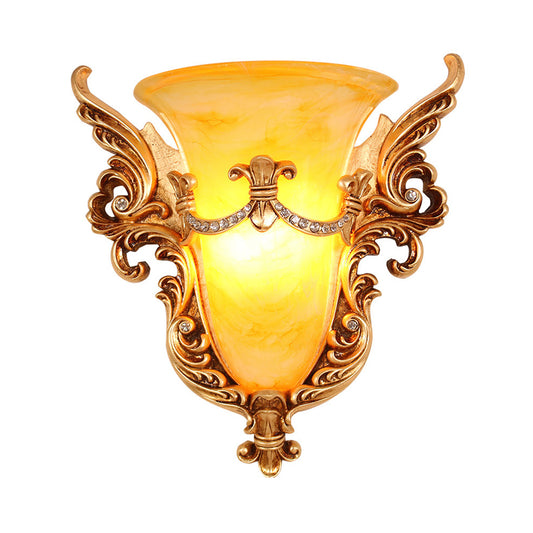 Bell Frosted Glass Wall Sconce Colonial 1 Bulb Living Room Flush Mount Wall Light in White/Gold/White and Gold Clearhalo 'Wall Lamps & Sconces' 'Wall Lights' Lighting' 264707