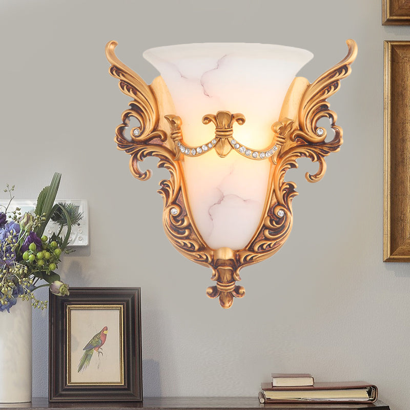 Bell Frosted Glass Wall Sconce Colonial 1 Bulb Living Room Flush Mount Wall Light in White/Gold/White and Gold White-Gold Clearhalo 'Wall Lamps & Sconces' 'Wall Lights' Lighting' 264709