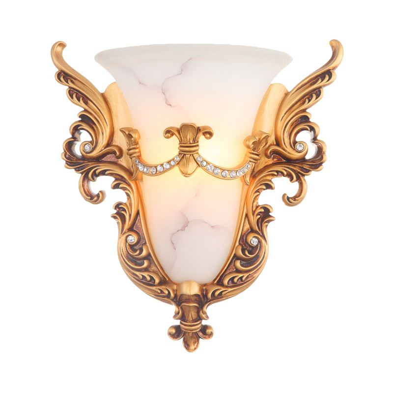 Bell Frosted Glass Wall Sconce Colonial 1 Bulb Living Room Flush Mount Wall Light in White/Gold/White and Gold Clearhalo 'Wall Lamps & Sconces' 'Wall Lights' Lighting' 264712