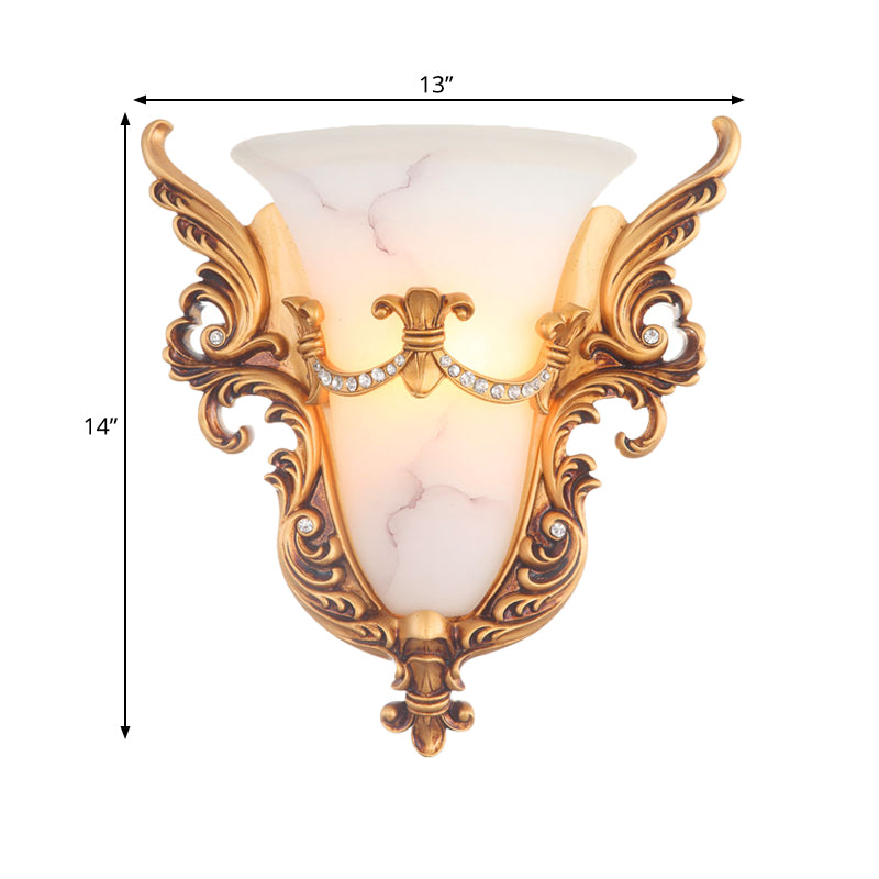 Bell Frosted Glass Wall Sconce Colonial 1 Bulb Living Room Flush Mount Wall Light in White/Gold/White and Gold Clearhalo 'Wall Lamps & Sconces' 'Wall Lights' Lighting' 264713