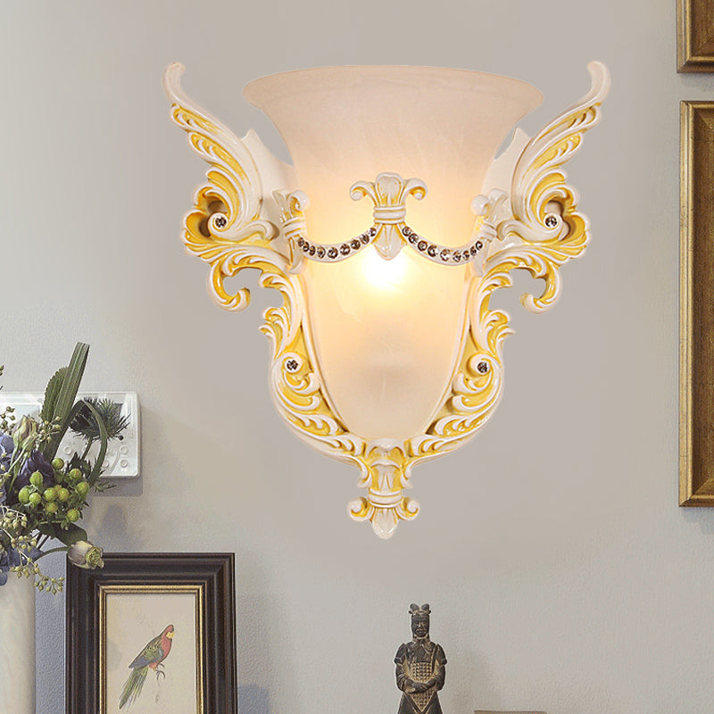 Bell Frosted Glass Wall Sconce Colonial 1 Bulb Living Room Flush Mount Wall Light in White/Gold/White and Gold White Clearhalo 'Wall Lamps & Sconces' 'Wall Lights' Lighting' 264715