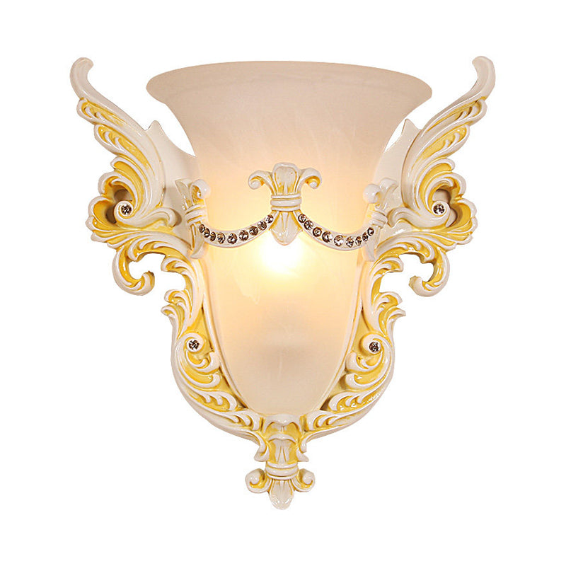 Bell Frosted Glass Wall Sconce Colonial 1 Bulb Living Room Flush Mount Wall Light in White/Gold/White and Gold Clearhalo 'Wall Lamps & Sconces' 'Wall Lights' Lighting' 264718