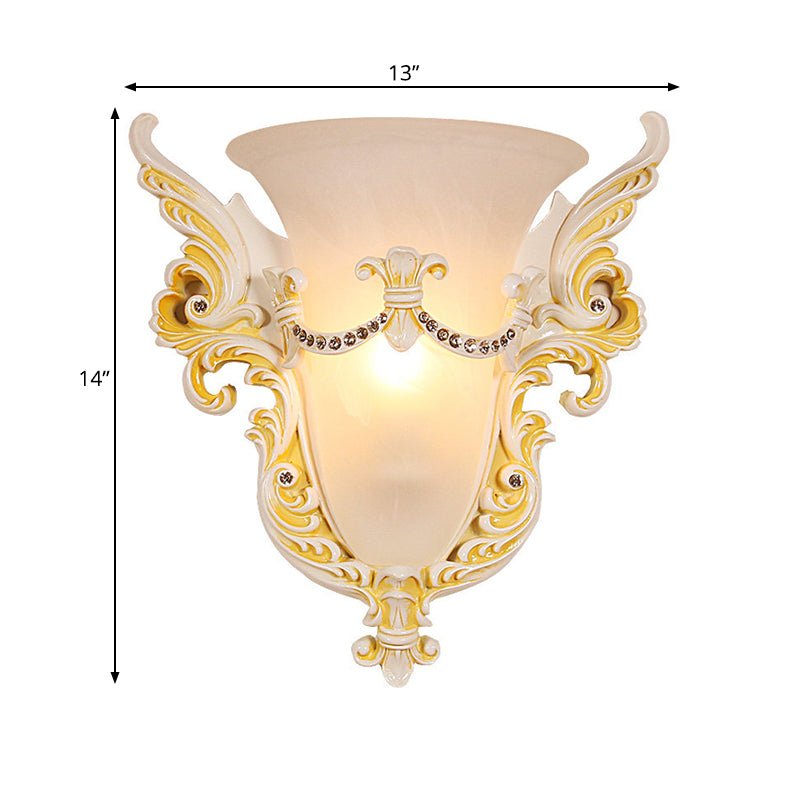 Bell Frosted Glass Wall Sconce Colonial 1 Bulb Living Room Flush Mount Wall Light in White/Gold/White and Gold Clearhalo 'Wall Lamps & Sconces' 'Wall Lights' Lighting' 264719