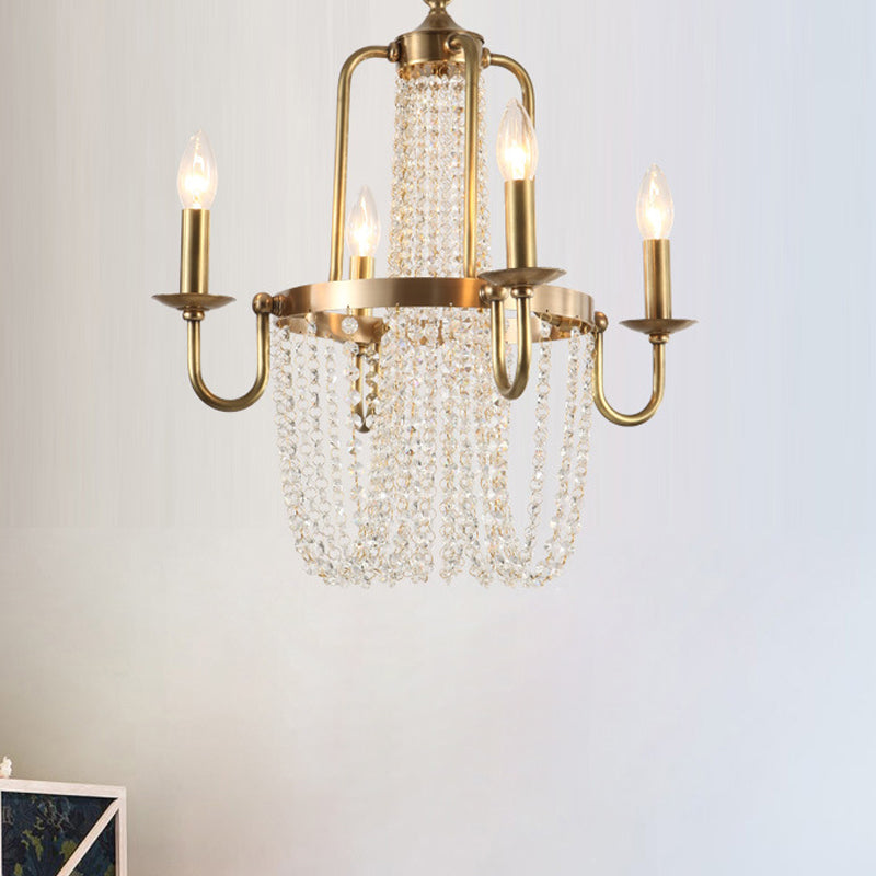 Scroll Frame Chandelier Traditional Copper 4 Lights Golden Hanging Ceiling Light with Crystal Tassel Clearhalo 'Ceiling Lights' 'Chandeliers' 'Modern Chandeliers' 'Modern' Lighting' 264726