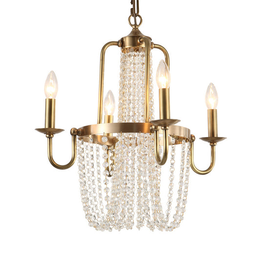 Scroll Frame Chandelier Traditional Copper 4 Lights Golden Hanging Ceiling Light with Crystal Tassel Clearhalo 'Ceiling Lights' 'Chandeliers' 'Modern Chandeliers' 'Modern' Lighting' 264728
