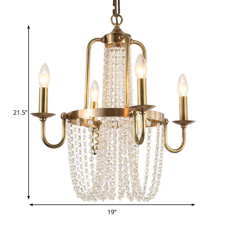 Scroll Frame Chandelier Traditional Copper 4 Lights Golden Hanging Ceiling Light with Crystal Tassel Clearhalo 'Ceiling Lights' 'Chandeliers' 'Modern Chandeliers' 'Modern' Lighting' 264729