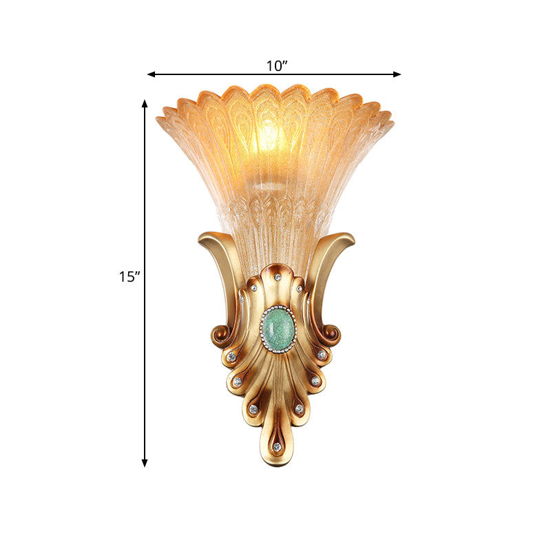 10"/13" Wide Gold 1-Light Flush Mount Colonialism Frosted Glass Flared Wall Light Fixture for Bedroom Clearhalo 'Wall Lamps & Sconces' 'Wall Lights' Lighting' 264836