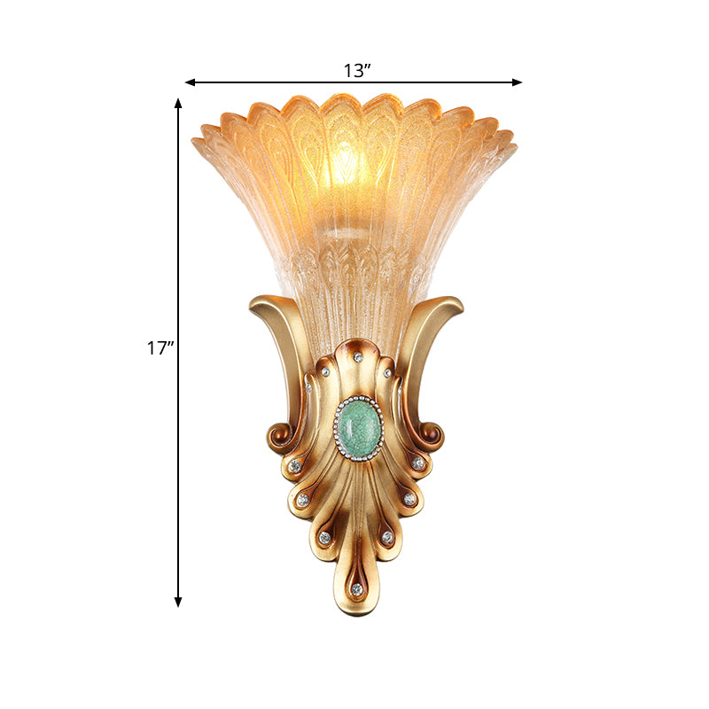 10"/13" Wide Gold 1-Light Flush Mount Colonialism Frosted Glass Flared Wall Light Fixture for Bedroom Clearhalo 'Wall Lamps & Sconces' 'Wall Lights' Lighting' 264837