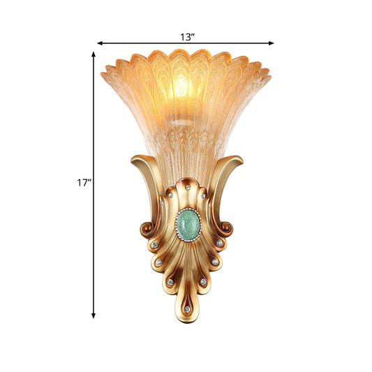 10"/13" Wide Gold 1-Light Flush Mount Colonialism Frosted Glass Flared Wall Light Fixture for Bedroom Clearhalo 'Wall Lamps & Sconces' 'Wall Lights' Lighting' 264837