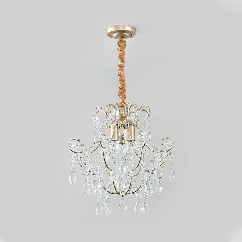 Bent Armed Metal Pendant Chandelier Transitional 3-Light Gold Ceiling Light Fixture with Crystal Draping Clearhalo 'Ceiling Lights' 'Chandeliers' 'Modern Chandeliers' 'Modern' Lighting' 264842
