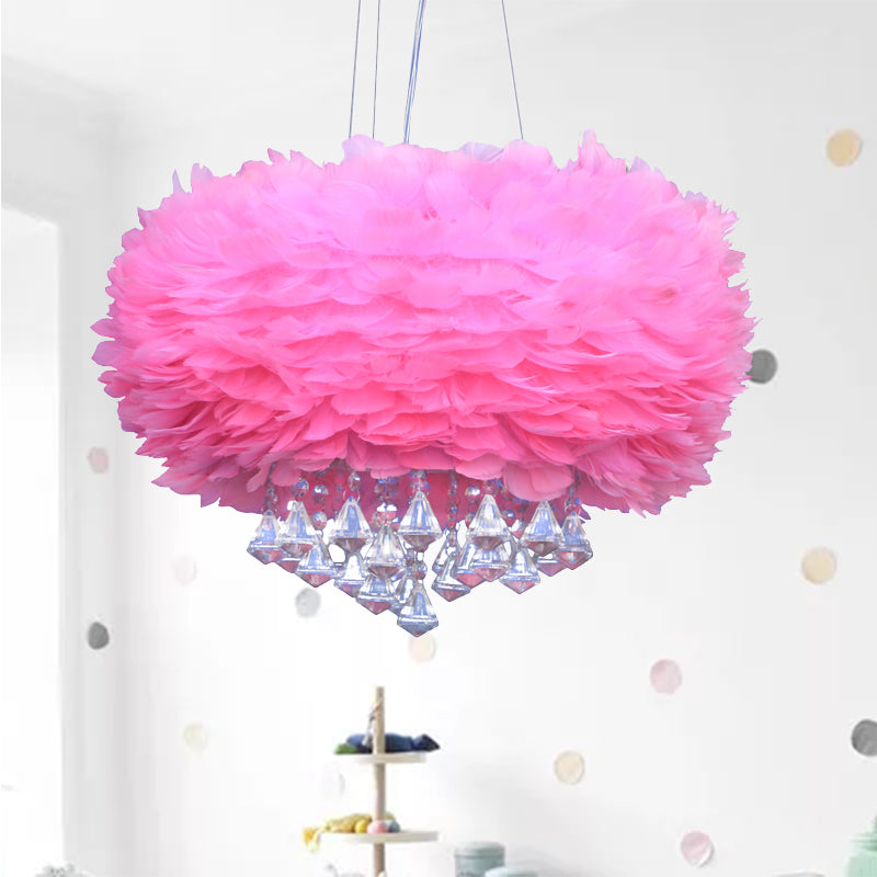 Modern Round Pendant Light Feather 1 Bulb Pink Hanging Ceiling Light with Crystal Drop Clearhalo 'Ceiling Lights' 'Modern Pendants' 'Modern' 'Pendant Lights' 'Pendants' Lighting' 264845