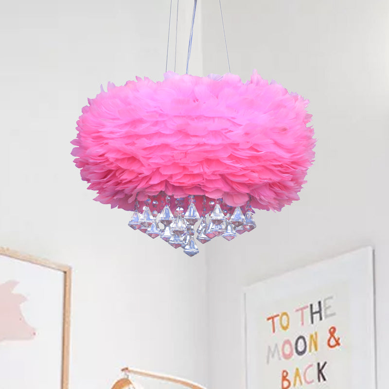 Modern Round Pendant Light Feather 1 Bulb Pink Hanging Ceiling Light with Crystal Drop Pink Clearhalo 'Ceiling Lights' 'Modern Pendants' 'Modern' 'Pendant Lights' 'Pendants' Lighting' 264846