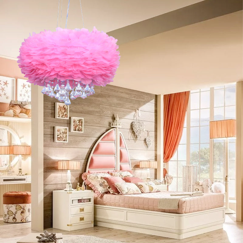 Modern Round Pendant Light Feather 1 Bulb Pink Hanging Ceiling Light with Crystal Drop Clearhalo 'Ceiling Lights' 'Modern Pendants' 'Modern' 'Pendant Lights' 'Pendants' Lighting' 264847