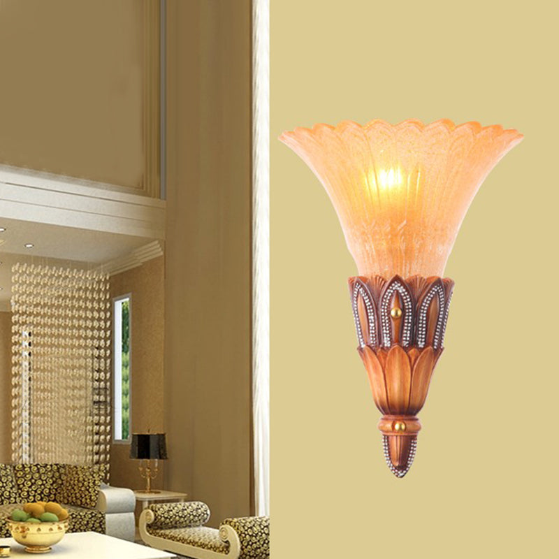 Textured Glass Flower Sconce Light Colonial Single Head Living Room Flush Mount Wall Light in Brown Brown Clearhalo 'Wall Lamps & Sconces' 'Wall Lights' Lighting' 264850