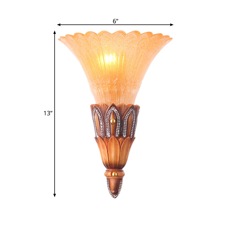 Textured Glass Flower Sconce Light Colonial Single Head Living Room Flush Mount Wall Light in Brown Clearhalo 'Wall Lamps & Sconces' 'Wall Lights' Lighting' 264854