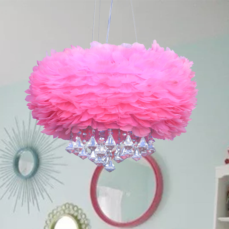 Pink Dome Pendant Light Contemporary 3 Lights Feather Chandelier Lamp with Crystal Draping Clearhalo 'Ceiling Lights' 'Chandeliers' 'Modern Chandeliers' 'Modern' Lighting' 264856