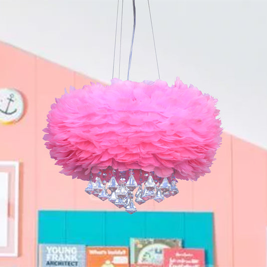 Pink Dome Pendant Light Contemporary 3 Lights Feather Chandelier Lamp with Crystal Draping Pink Clearhalo 'Ceiling Lights' 'Chandeliers' 'Modern Chandeliers' 'Modern' Lighting' 264857