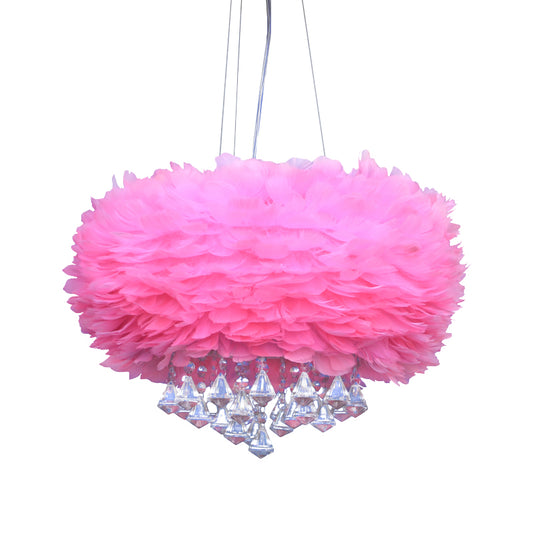 Pink Dome Pendant Light Contemporary 3 Lights Feather Chandelier Lamp with Crystal Draping Clearhalo 'Ceiling Lights' 'Chandeliers' 'Modern Chandeliers' 'Modern' Lighting' 264859