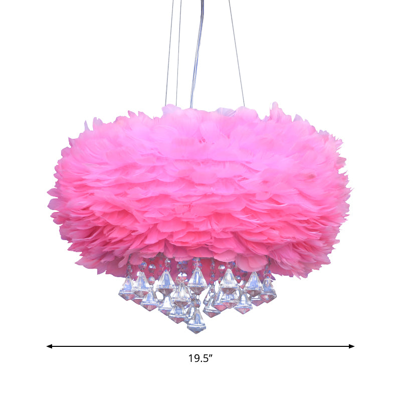 Pink Dome Pendant Light Contemporary 3 Lights Feather Chandelier Lamp with Crystal Draping Clearhalo 'Ceiling Lights' 'Chandeliers' 'Modern Chandeliers' 'Modern' Lighting' 264860