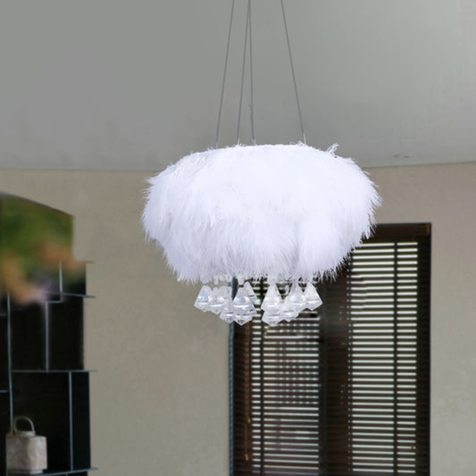 Round Fluff Chandelier Simple 3-Light White Dining Room Hanging Ceiling Light with Crystal Drop Clearhalo 'Ceiling Lights' 'Chandeliers' 'Modern Chandeliers' 'Modern' Lighting' 264866