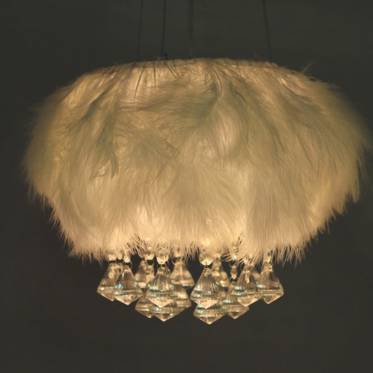 Round Fluff Chandelier Simple 3-Light White Dining Room Hanging Ceiling Light with Crystal Drop White Clearhalo 'Ceiling Lights' 'Chandeliers' 'Modern Chandeliers' 'Modern' Lighting' 264867