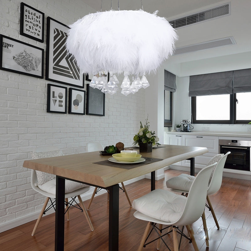 Round Fluff Chandelier Simple 3-Light White Dining Room Hanging Ceiling Light with Crystal Drop Clearhalo 'Ceiling Lights' 'Chandeliers' 'Modern Chandeliers' 'Modern' Lighting' 264868