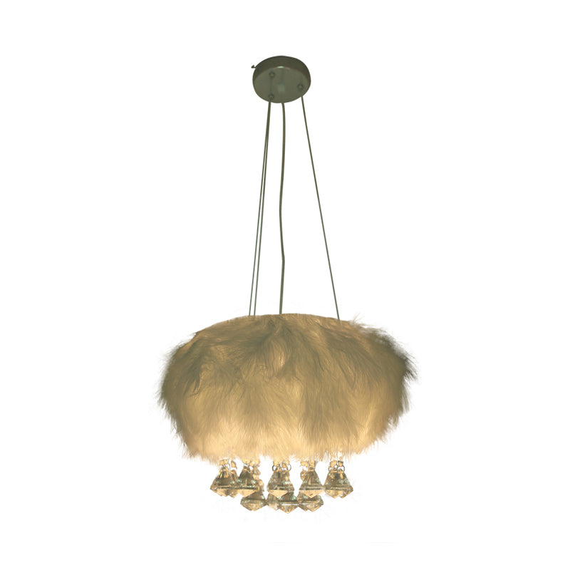 Round Fluff Chandelier Simple 3-Light White Dining Room Hanging Ceiling Light with Crystal Drop Clearhalo 'Ceiling Lights' 'Chandeliers' 'Modern Chandeliers' 'Modern' Lighting' 264869