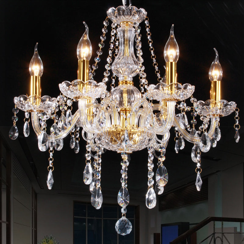 Curvy Armed Crystal Chandelier Light Victorian Style 6 Heads Golden Drop Pendant Clearhalo 'Ceiling Lights' 'Chandeliers' 'Modern Chandeliers' 'Modern' Lighting' 264882