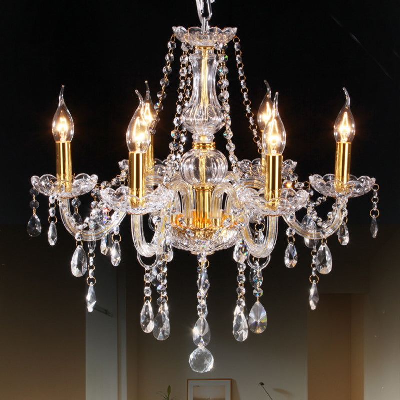 Curvy Armed Crystal Chandelier Light Victorian Style 6 Heads Golden Drop Pendant Gold Clearhalo 'Ceiling Lights' 'Chandeliers' 'Modern Chandeliers' 'Modern' Lighting' 264883