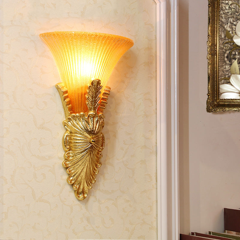 Amber Glass Gold Wall Lighting Flared Single Bulb Colonialism Sconce Light Fixture for Hallway Gold Clearhalo 'Wall Lamps & Sconces' 'Wall Lights' Lighting' 264925