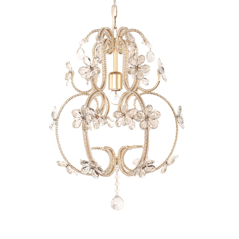 Gourd Cage Chandelier Lighting with Crystal Bead Vintage 1 Light Ceiling Pendant Light in Gold Clearhalo 'Ceiling Lights' 'Chandeliers' Lighting' options 265053