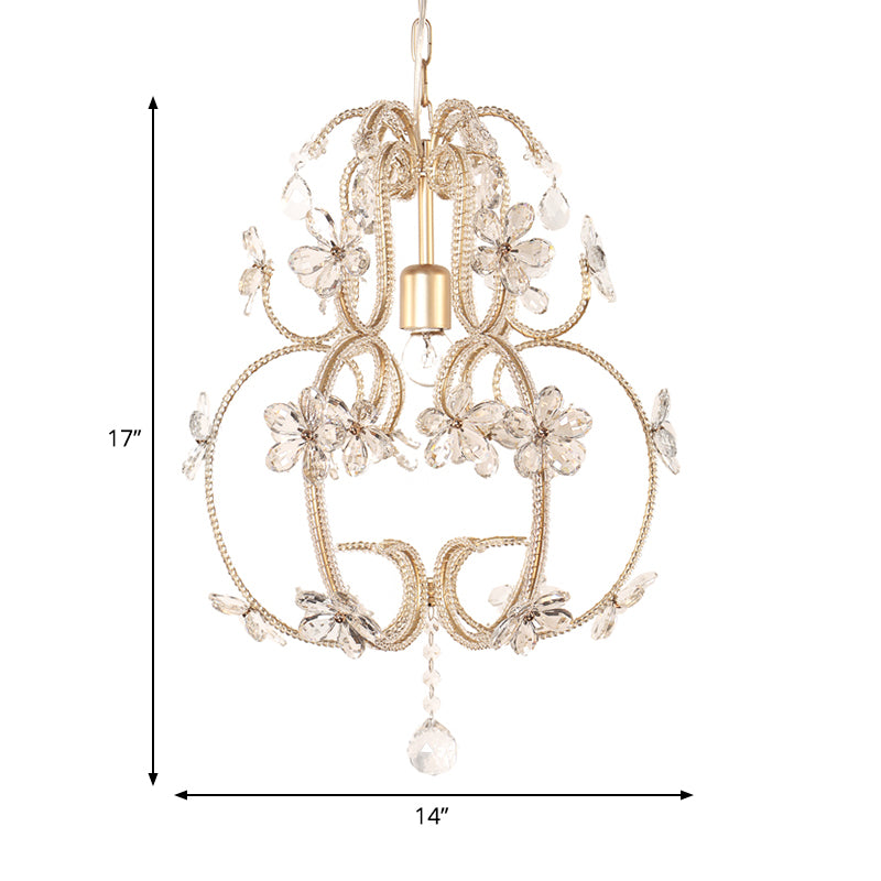 Gourd Cage Chandelier Lighting with Crystal Bead Vintage 1 Light Ceiling Pendant Light in Gold Clearhalo 'Ceiling Lights' 'Chandeliers' Lighting' options 265054